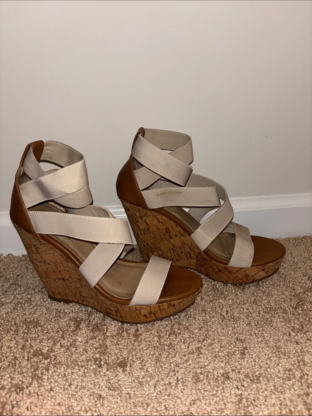 Steve Madden Beige Elastic Strappy Cork Wedges